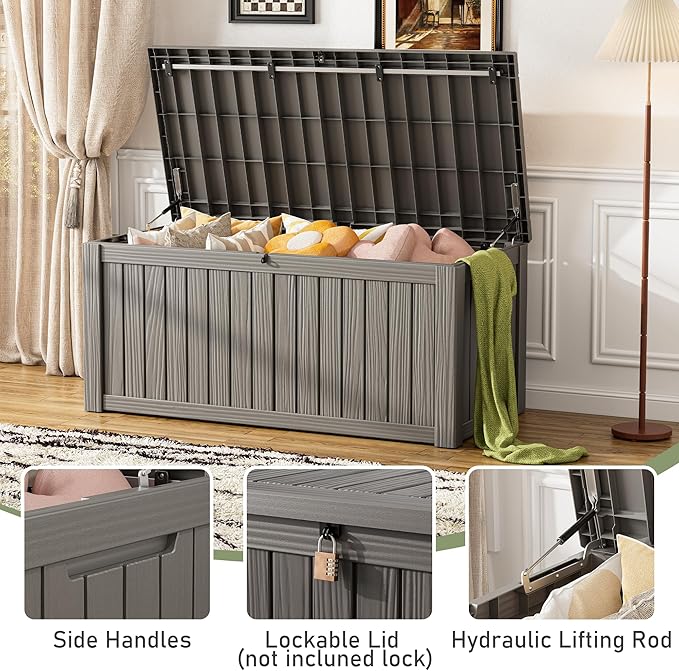 Outdoor Storage Box, Resin Deck Boxes Indoor and outdoor, Waterproof Storage Box Lockable Lid (Grey, 150 Gallon)