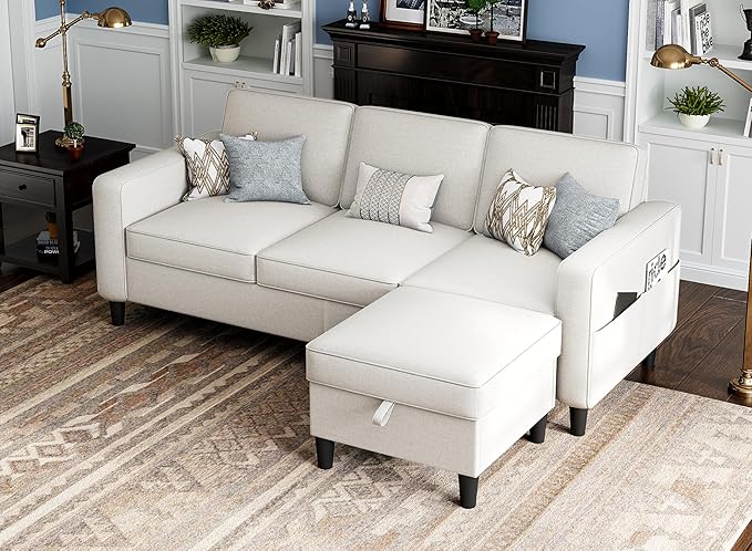 Sectional Sofas Couches for Living Room Convertible 3 Seater L Shaped Couch with Removable Storage Ottoman 78" Modern Linen Beige Sofa for Apartments Studios Dorms Small Spaces