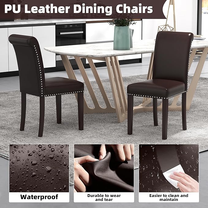 Westice Dining Room Chairs Set of 4 Upholstered PU Leather Kitchen Chairs Dining Room Side Chair with Nailhead Trim and Rubber Wood Legs for Small Space Apartment, Brown