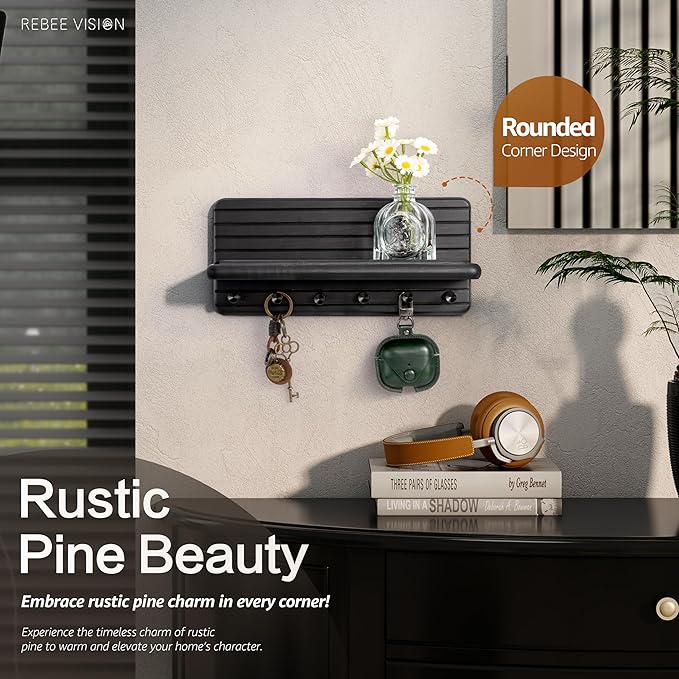 Rebee Vision Decorative Key Holder Wall Mount for Room Decor Aesthetic – Chic 11-Inch Wooden Key Holder for Wall with 6 Hooks & Floating Shelf - Elegant Home Organization Accent (Black)