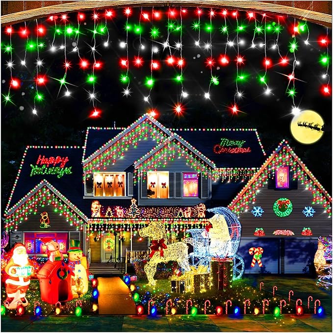 Hezbjiti Christmas Lights - Outdoor Decorations, LED Fairy String Curtain Lights with 75 Drops, 8 Modes, 1600LED, 164FT for Christmas Decor (Red, Green, Cold)