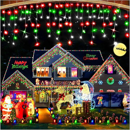 Hezbjiti Christmas Lights - Outdoor Decorations, LED Fairy String Curtain Lights with 75 Drops, 8 Modes, 1600LED, 164FT for Christmas Decor (Red, Green, Cold)