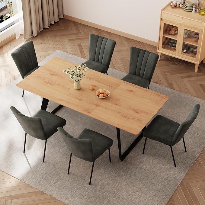 ZckyCine 7-Piece Dining Set, 51"-67" Expandable Mid-Century Modern Table with 6 Chairs, Leather Seat & Backrest, Metal Frame, Oak/Black for Dining Room/Home