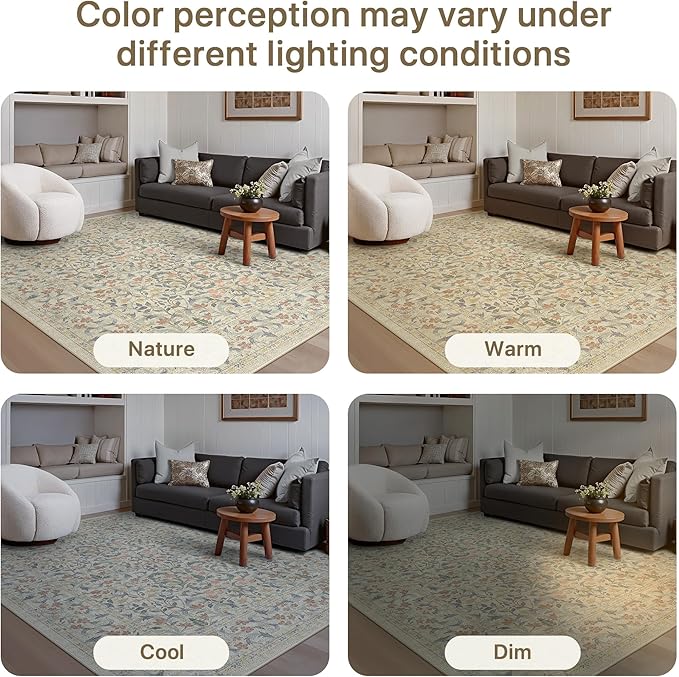 GENIMO 5x7 Washable Area Rug, Non-Slip Vintage Boho Floral Carpet, Soft Low-Pile Thin Bedroom Rug for Living Room, Dining Room, Nursery, Beige Blue