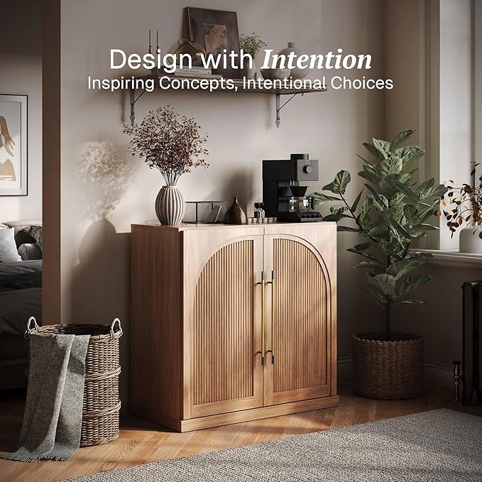 BELLEZE Modular Sideboard with Double-Arc Wood Doors, Small Arched Buffet Cabinet with Storage and Adjustable Shelves, Classic Modern Credenza for Dining Room, Living Room, or Entryway(Camel)