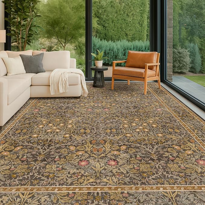 Vintage Floral Living Room Rug 8x10, Gold Brown Washable Area Rugs for Bedroom, Dining Room Under Kitchen Table, Oriental Low Pile Non-Slip Large Indoor Carpet with Taupe Yellow Earthy Tones