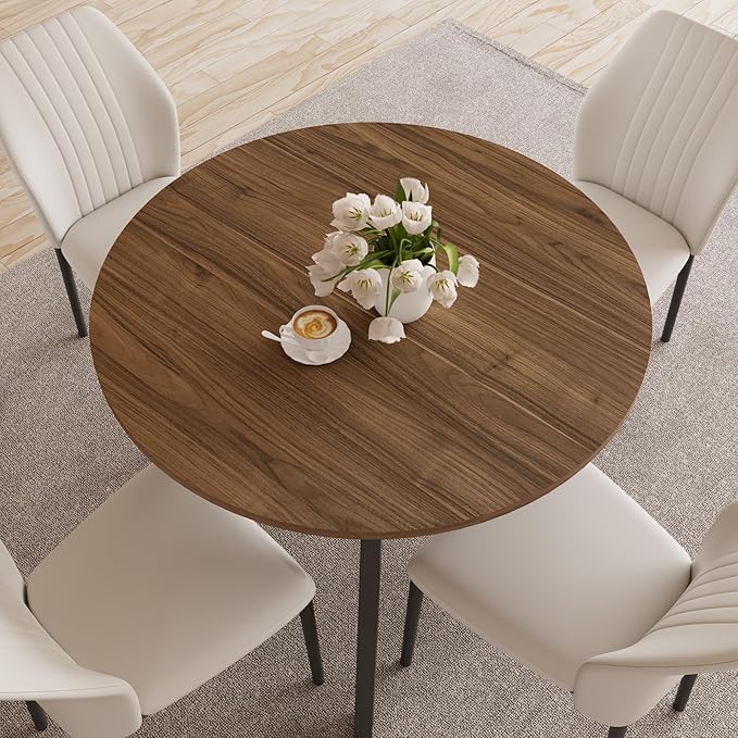 34.6'' Round Dining Table and Chairs for 4 Space Saving for Apartment Kitchen Dining Room (Walnut Table+4 White Chairs)