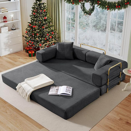 Antetek Convertible Futon Sofa Bed, 3-Seater Modern Corduroy Foam Floor King Size Bed Fold Out Sleeper Lounge Loveseat Sofa Couch with 2 Throw Pillows for Living Room Bedroom Guest Room, Dark Grey