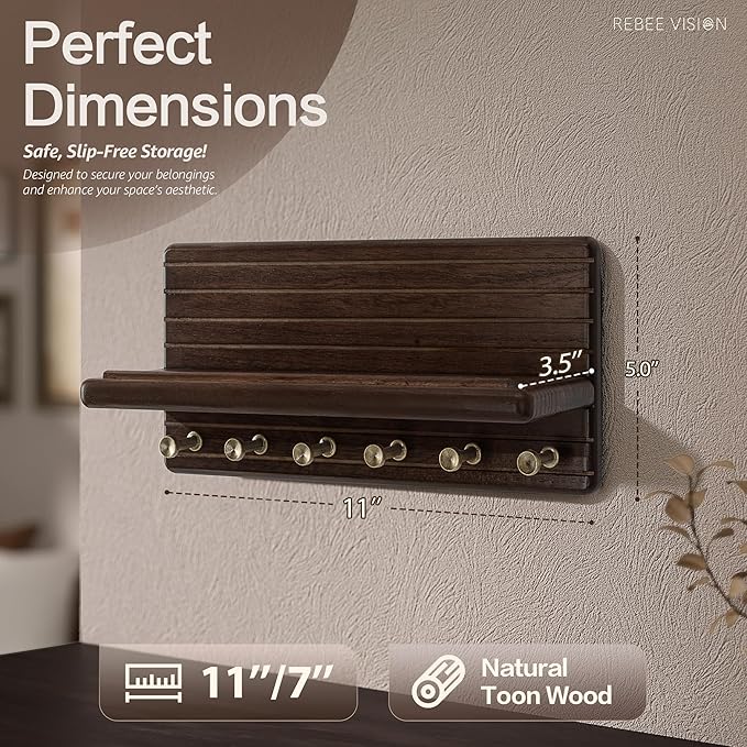 Rebee Vision Acacia Wood Key Holder Wall Mount - Farmhouse Key Holder for Wall with 6 Hooks & Floating Shelf - Apartment Essentials for Home Decor Living Room (Black Walnut)