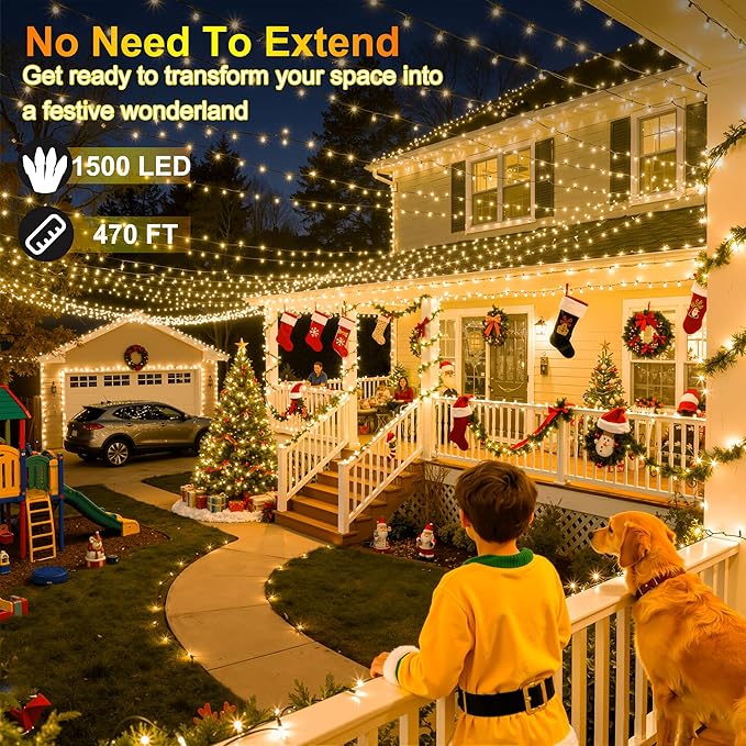 1500 LED Christmas Lights Outdoor Use, 470ft 12 Modes Warm White LED String Lights with Timer Dimmable, Waterproof Christmas Lights for Tree Xmas Patio Yard Fence Balcony Garden Decorations