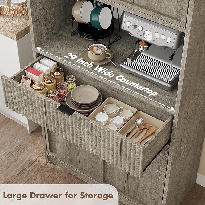 Garvee Tall Kitchen Pantry Cabinet, 70" Pantry Storage Cabinet with Countertop, Fluted Kitchen Hutch Cabinets with Doors and Drawer, Freestanding Cupboard for Dining Room, Living Room, Gray