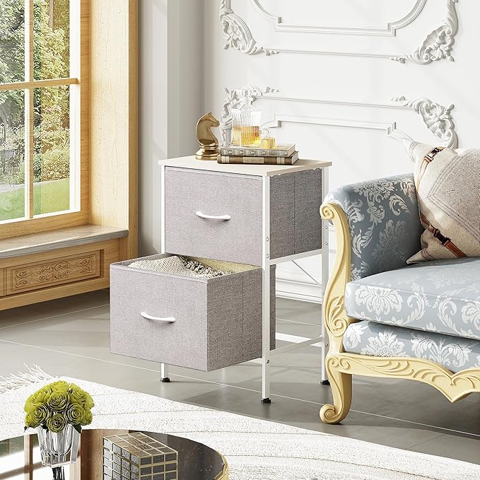 WLIVE Nightstand, Nightstand with 2 Drawers, Bedside Furniture, Night Stand, Small Dresser for Bedroom, College Dorm, End Table with Fabric Bins, Dormitory, Light Grey, Size L