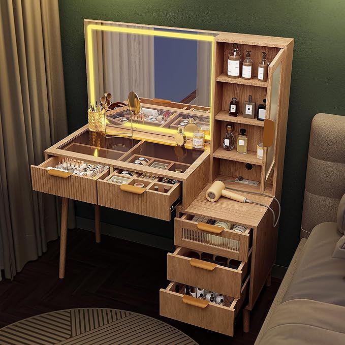 Fluted Makeup Vanity Desk with Mirror and Lights, 5 Drawers Glass Top Makeup Vanity with 4 Storage and 9-Grid Organizer, 3 Color Ribbed Glass Dressing Table with Charging Station, Natural Oak