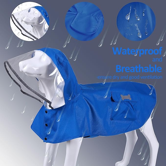 Waterproof Dog Raincoat, Adjustable Reflective Lightweight Pet Rain Clothes with Poncho Hood (X-Small, Blue)