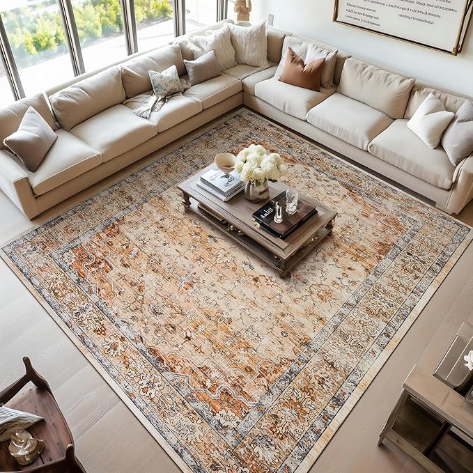 8x10 Area Rugs for Living Room Washable Non Slip Boho Modern Large Rugs Soft Faux Fur Low Pile Stain Resistant Vintage Euro Floral Big Carpet Rug for Bedroom Dining Room Family Room Fall Decor,Orange