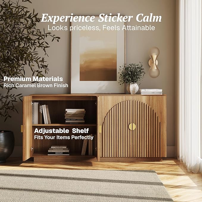 BELLEZE 65 Inch Fluted Buffet Cabinet with Storage, Symmetrical Arc Accent Sideboard Large Console Table for Dining Room, Kitchen, and Living Room (Caramel Brown)