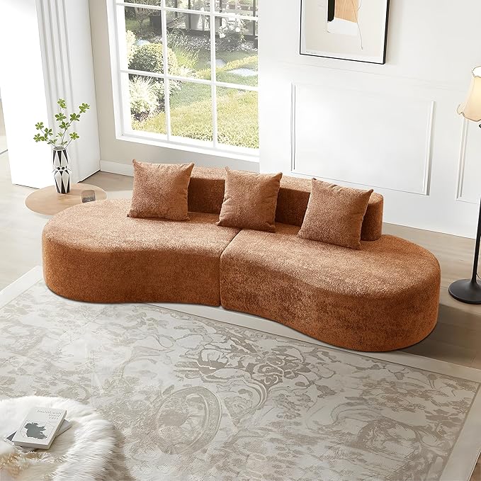 109'' Curved Couch, Mid Century Modern Half Moon Sofa, Luxury 3-Seat Couch with High-Density Foam Filled, Raindrop Velvet Fabric Sectional Sofa for Living Room, Apartment, Office, Orange