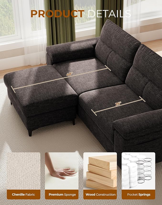 88.97" L Shaped Sectional Couches for Living Room, Deep Seat Sofa with Storage Ottoman & 8”Cushion, Comfy 2-Seater Chenille Loveseat, Convertible Armrest, Removable Cover for Small Space(Dark Gray)