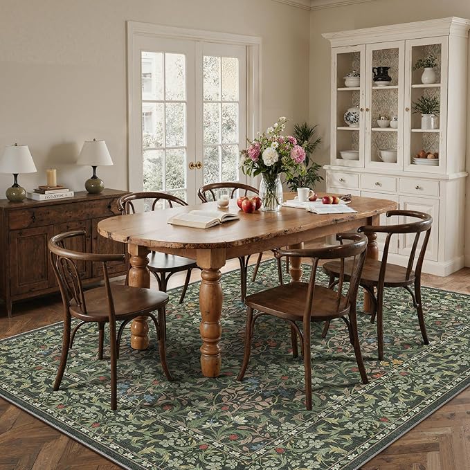 GENIMO 6x9 Washable Area Rug, Non-Slip Vintage Boho Floral Carpet, Soft Low-Pile Thin Living Room Rug for Bedroom, Dining Room, Nursery, Emerald Green