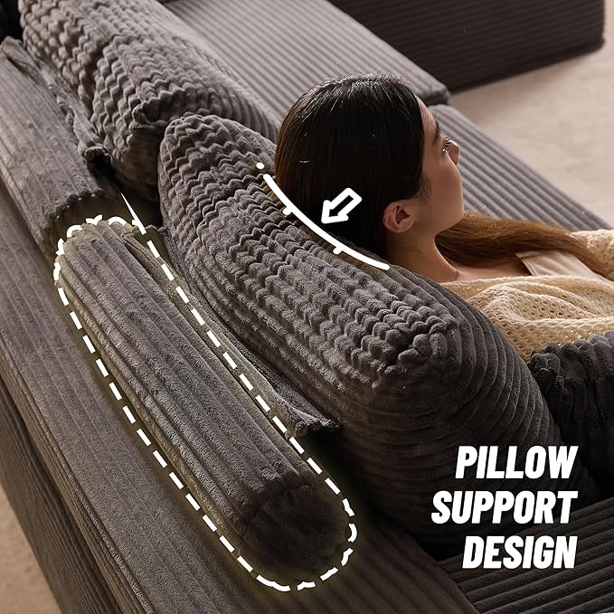 Chaise Lounge Chair, Boneless Couch for Living Room and Bedroom, Sleeper Couches Reading Chairs, Corduroy, Grey