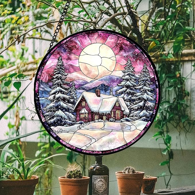 Stained Glass Window Hanging - Winter Snow Scene Cabin Moon Sun Catcher for Door Garden Home Decor Pine Tree Suncatcher Christmas Mother's Day Birthday Gifts for Women Men Mom Nana 11.8 in