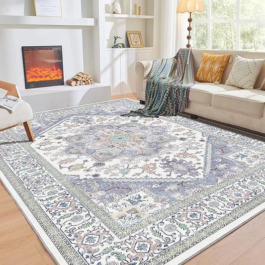 OPPODREAM Thin Area Rugs 9x12 Living Room, Washable Rugs 9x12 with Non Slip Backing, Faux Cashmere Low-Pile 9 x 12 Carpet, Purple & Green & Cream