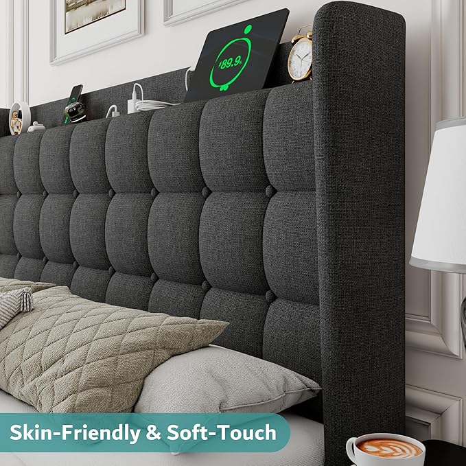 iPormis Full Size Upholstered Platform Bed, Button Tufted Wingback Bed Frame with Charging & Storage Headboard, No Box Spring Needed, Dark Gray