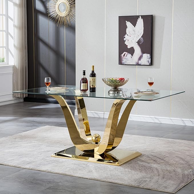 70" Modern Gold Glass Dining Table Set for 4, 5-Piece Rectangle Kitchen Dining Room Table Set with Steel Base & 4 Beige Velvet Upholstered Chairs, Modern Glass Kitchen Table and Chairs Set of 4