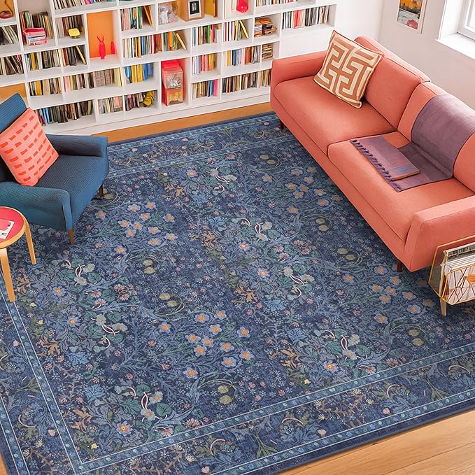 Vintage Dark Blue Living Room Rug 5x8 Area Rug - Vintage Floral Forest Washable Mat for Dining Room, Bedroom, Low Pile Non Slip Stain Resistance Distressed Retro Indoor Boho Floral Carpet