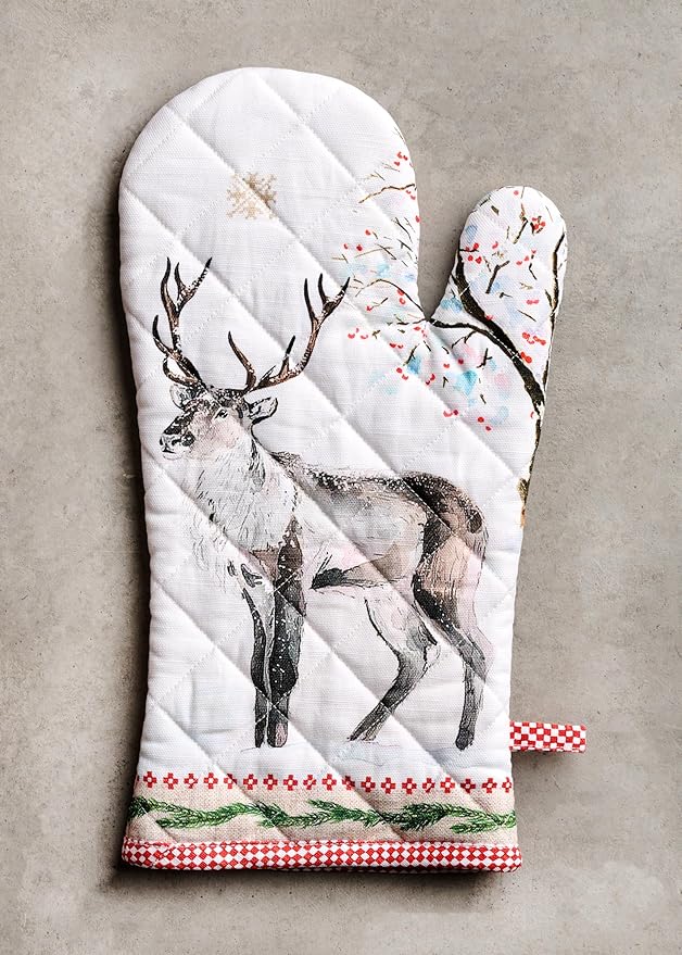 Maison d' Hermine 100% Cotton Oven Mitt & Pot Holder Set (7.5"x13" & 8"x8") Heat Resistant BBQ Cooking Gloves with Loop for Thanksgiving Christmas Decorations Handling Hot Pans (Rural Christmas)
