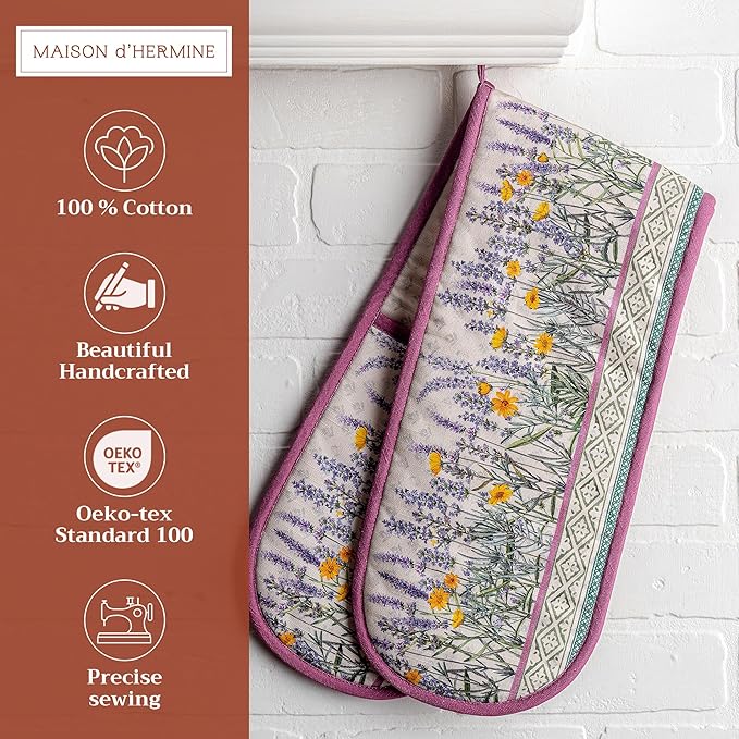 Maison d' Hermine Double Oven Mitts 100% Cotton 7"x35" Double Oven Mitt Heat Resistant BBQ Cooking Gloves with Loop, Baking, Grilling, Home, Kitchen, Handling Hot Pans Spring Summer (Fanny Lavender)