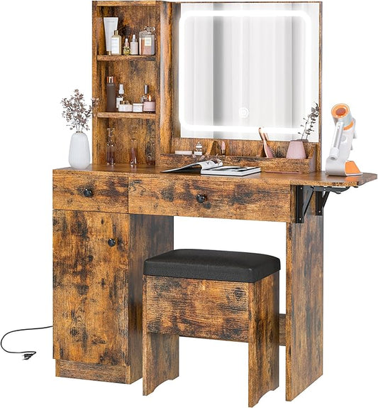 IRONCK Vanity Desk with LED Lighted Mirror & Power Outlet, Makeup Table with Drawers & Cabinet,Storage Stool,for Bedroom, Vintage Brown