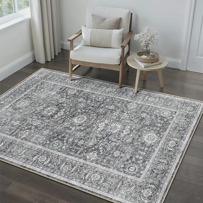 Blue 3x5 Area Rug Non Slip Vintage Office Entryway Rug Distressed Machine Washable Kitchen Carpet Retro Traditional Floral Accent Throw Door Mat for Bedroom Bathroom Dining Living Room