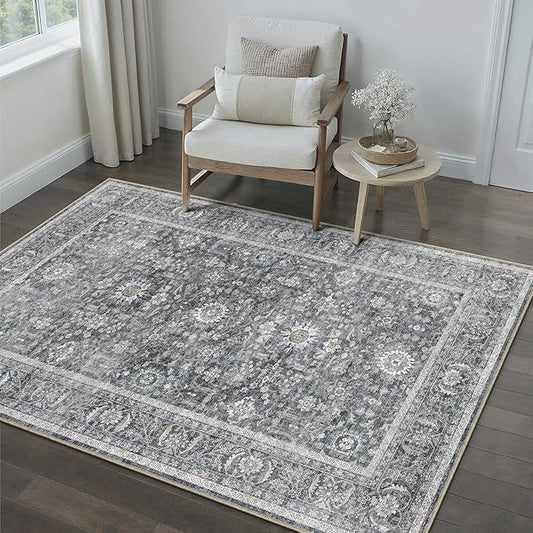 Blue 3x5 Area Rug Non Slip Vintage Office Entryway Rug Distressed Machine Washable Kitchen Carpet Retro Traditional Floral Accent Throw Door Mat for Bedroom Bathroom Dining Living Room