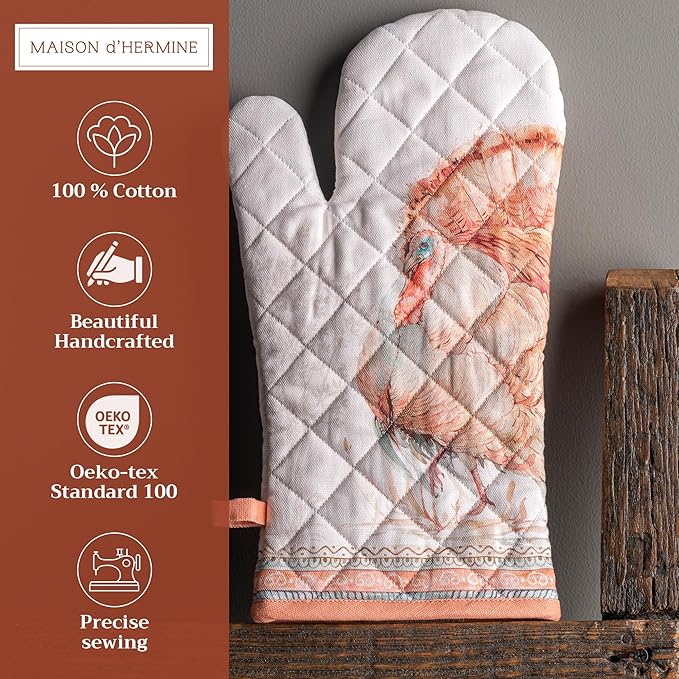 Maison d' Hermine Oven Gloves 100% Cotton Oven Mitt 7" x 13" with Loop Heat Resistant BBQ Cooking Gloves for Thanksgiving Christmas Decorations Baking Handling Hot Pans (Pack of 1, Giving Thanks)