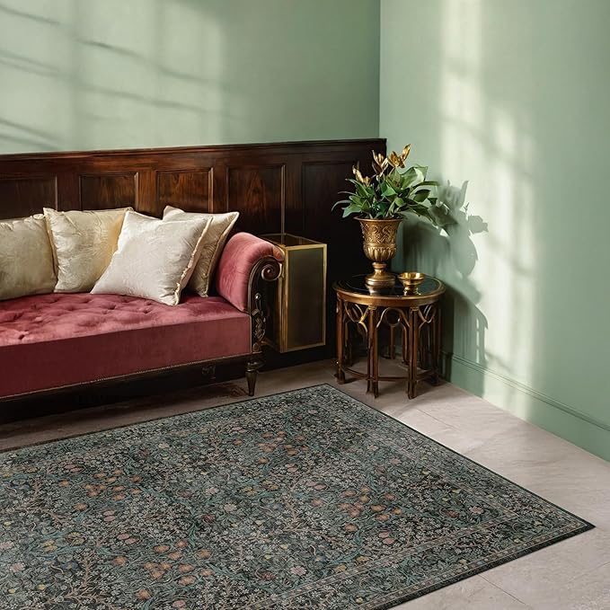 Dark Green 4x6 Washable Area Rug for Living Room Bedroom Large Entryway Kitchen, Ultra Soft Non Slip Stain Resistance, Floral Distressed Aethestic Design