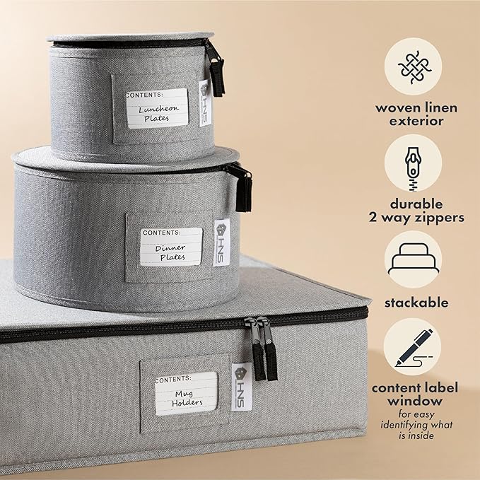 Hard Shell China Storage Containers 5-Piece Set Moving Boxes for Dinnerware, Glasses, Plates, Mugs and Saucers Sturdy Dish Organizer with Dividers for Seasonal Storage - Service for 12 - Gray