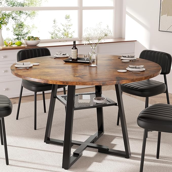 Round Dining Table for 2-4 People,42 Inch Dining Room Table,Modern Circle Kitchen Table with Storage Shelf and Metal Legs for Dining Room,Kitchen,Vintage(Table Only)