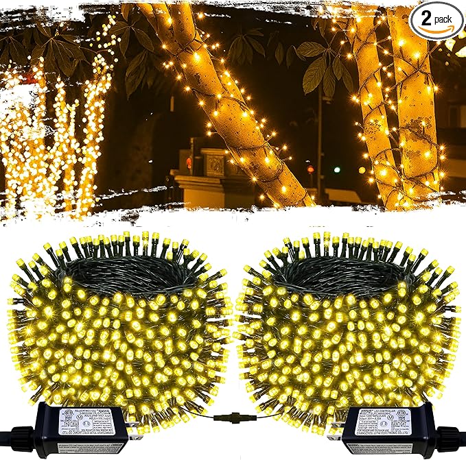 [2 Pack] Christmas Lights Outdoor, 210FT 600LED Connectable String Lights Waterproof, Twinkle Lights with 8 Modes, Christmas String Lights Indoor Green Wire for Yard Party Christmas Decorations