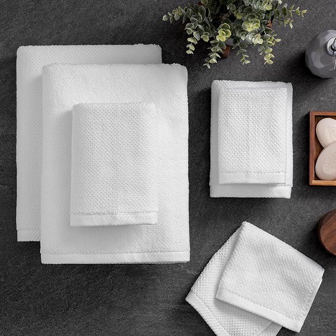 Welhome Franklin 100% Cotton Popcorn Textured Towel Set - 6 Piece 600 GSM, Soft & Plush, 2 Bath Towels, 2 Hand Towels, 2 Washcloths, White