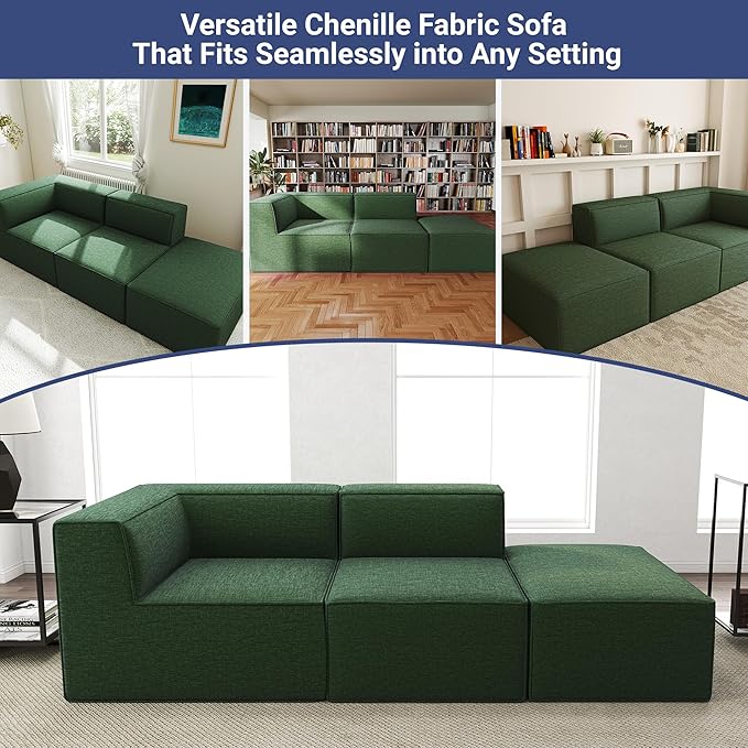 106" Sectional Compressed Sofa Modular Couches,High-Density Foam No Assembly Required,3-Piece(1xCorner 1xArmless 1xOttoman) for Living Room, Chenille Green