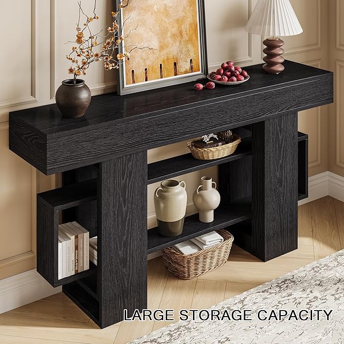 63 Inch Long Console Table for Entryway, Modern Wooden Sofa Table Behind Couch with 3-Tier Storage Shelf, Narrow Entry Accent Table for Living Room, Hallway, Foyer, Black