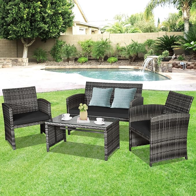 Goplus 4-Piece Rattan Patio Furniture Set, Outdoor Wicker Conversation Sofa with Weather Resistant Cushions and Tempered Glass Tabletop for Lawn Backyard Pool Garden (Black)