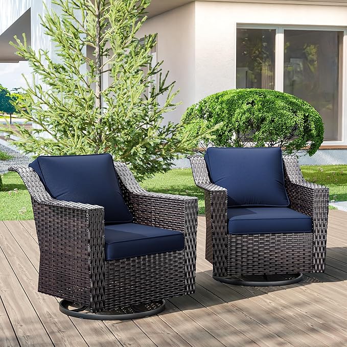 Outdoor Swivel Chairs Set of 2, Luxury Wicker Patio Chair with Wide Armrest, Thickened Cushions, Outdoor Rattan Furniture for Deck, Porch Use