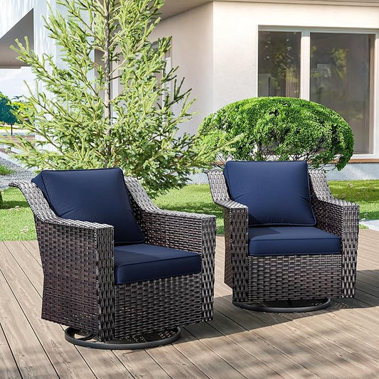Outdoor Swivel Chairs Set of 2, Luxury Wicker Patio Chair with Wide Armrest, Thickened Cushions, Outdoor Rattan Furniture for Deck, Porch Use