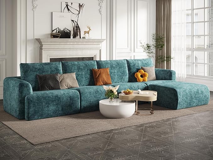 EASE MOOSE Cloud Couch Sectional Sofa, Large L-Shaped Oversized Modular Couch for Living Room, Minimalist Boneless Convertible Couches with Ottoman, 5-Seat Deep Sofas for Bedroom, Chenille (Blue)