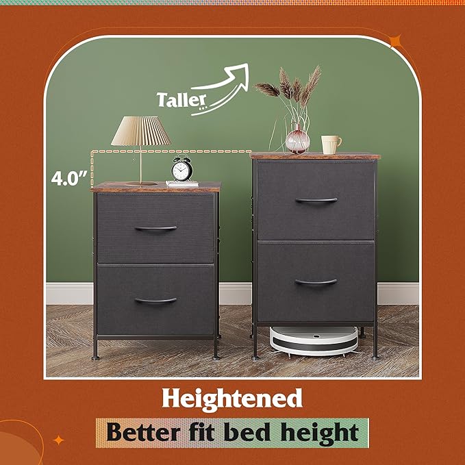 WLIVE Nightstand, Nightstand with 2 Drawers, Bedside Furniture, Night Stand, Small Dresser for Bedroom, College Dorm, End Table with Fabric Bins, Dormitory, Black and Rustic Brown, Size L