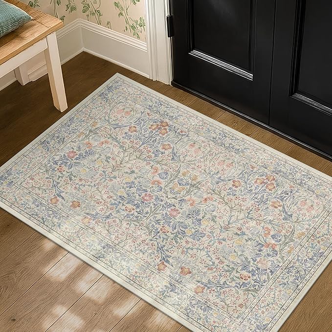 Washable Bathroom Rugs, Non-Slip Small Throw Rug for Entryway, Front Door Indoor, Mudroom, Kitchen, Powder Room, Stain Resistant Vintage Floral Décor (2x3 Beige Blue)