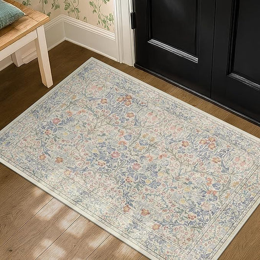 Washable Bathroom Rugs, Non-Slip Small Throw Rug for Entryway, Front Door Indoor, Mudroom, Kitchen, Powder Room, Stain Resistant Vintage Floral Décor (2x3 Beige Blue)