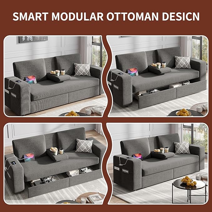 Maupvit 75” Loveseat Sofa with 2 Drawers, USB & Type-C Charging Port, Comfortable Linen Living Room Couch with Small Table Board, Upholstered Small Settee Fits Bedroom, Office, Grey